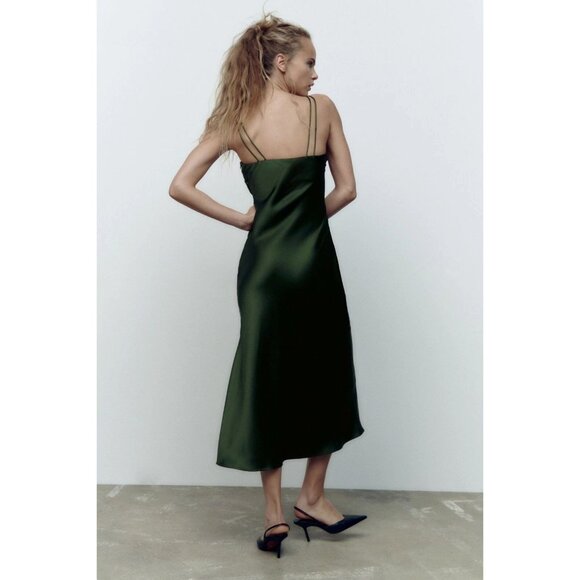Zara Midi Satin Slip Dress Jewel Straps Ruched Party Fall Moss Green XS - Picture 13 of 14